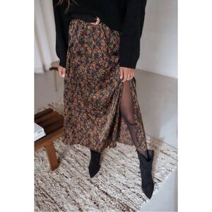 Easy Clothes Bridget Black Floral Satin Maxi Skirt